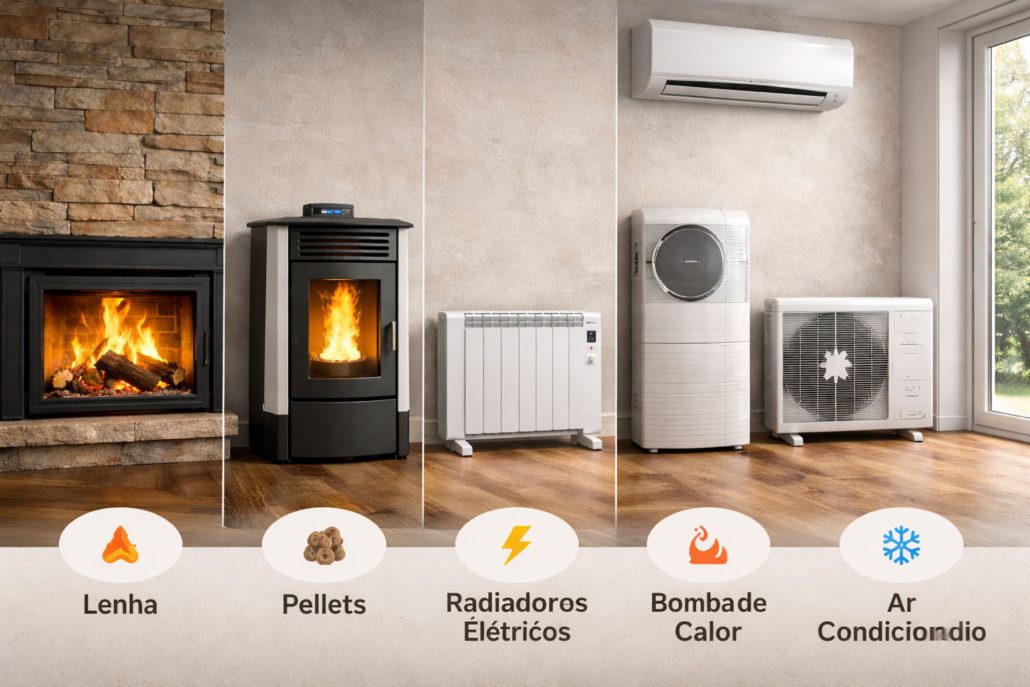 Lenha vs Pellets vs Elétrico vs Bomba de Calor vs Ar Condicionado