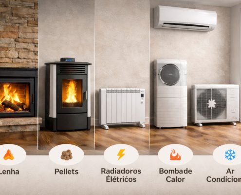 Lenha vs Pellets vs Elétrico vs Bomba de Calor vs Ar Condicionado