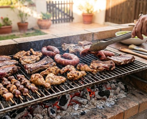 Diferentes tipos de carne a grelhar numa churrasqueira com brasas controladas