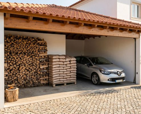 Lenha empilhada e sacos de pellets representando consumo de aquecimento durante o inverno