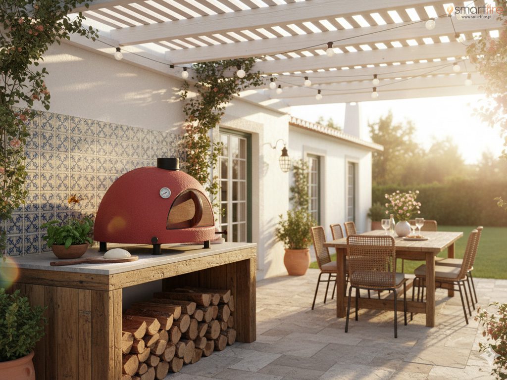Comparação entre forno a lenha tradicional e forno de pizza em ambiente exterior