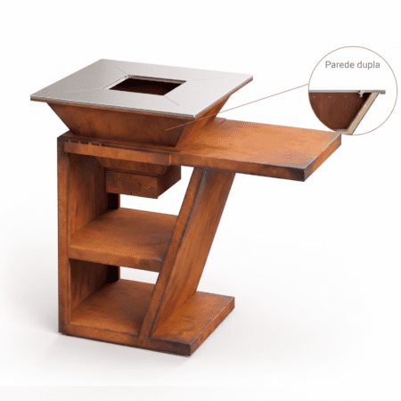 Grelhador Aço Corten UXOR MÓVEL com Bancada, Lenheiro e Tampo Inox