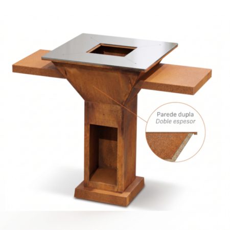 Grelhador Aço Corten UXOR STILI com Bancadas, Lenheiro e Tampo Inox