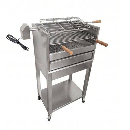 Churrasqueira Inox 304 com Carrinho, Motor, Grelhas e espeto 60x40 cm