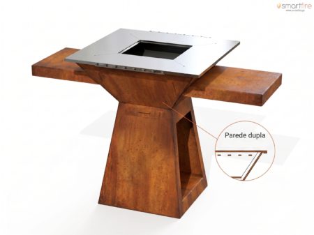 Grelhador Aço Corten UXOR MAXI com Bancadas, Lenheiro e Tampo Inox