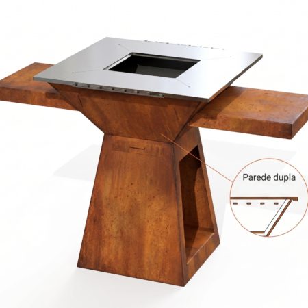 Grelhador Aço Corten UXOR MAXI com Bancadas, Lenheiro e Tampo Inox