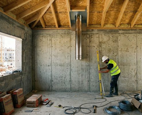 Infraestruturas preparadas numa obra para instalação de recuperador de calor e chaminé