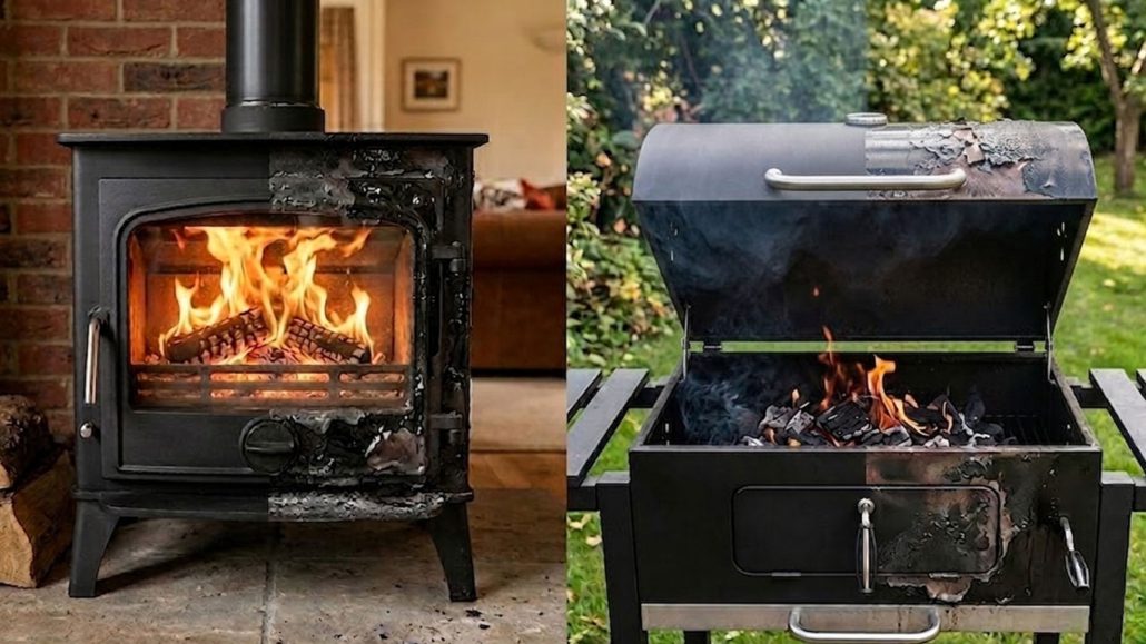 Superfícies metálicas com tinta de alta temperatura e tinta esmalte mostrando diferenças de comportamento