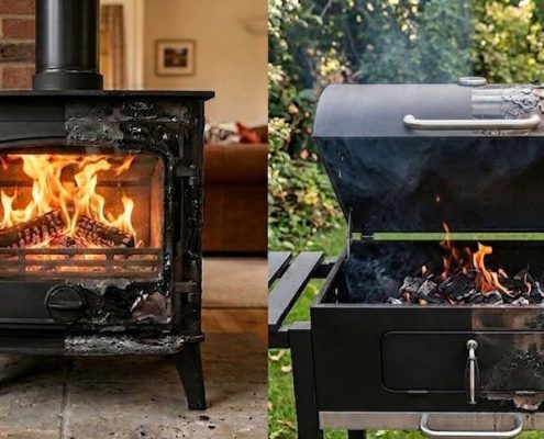 Superfícies metálicas com tinta de alta temperatura e tinta esmalte mostrando diferenças de comportamento