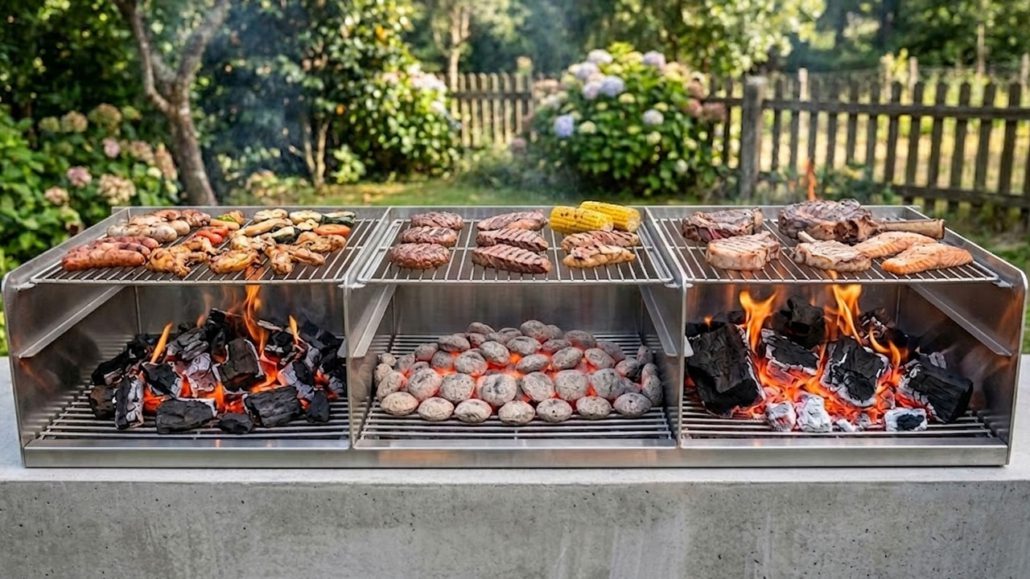 Diferentes tipos de carvão para churrasco incluindo carvão tradicional, briquetes e carvão de madeira dura