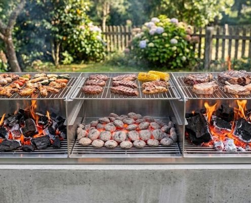 Diferentes tipos de carvão para churrasco incluindo carvão tradicional, briquetes e carvão de madeira dura