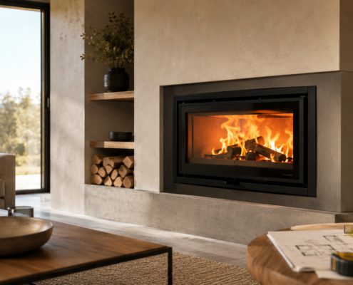 Recuperador de calor a lenha instalado numa sala moderna