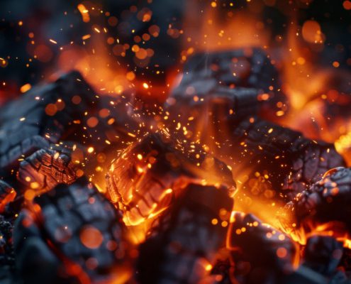Carvão a iniciar combustão de forma controlada para formar boas brasas no churrasco