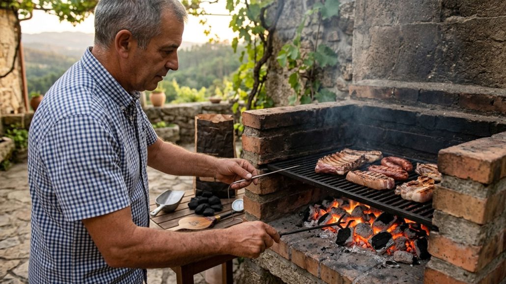 Quantidade ideal de carvão distribuída numa churrasqueira para controlo de calor