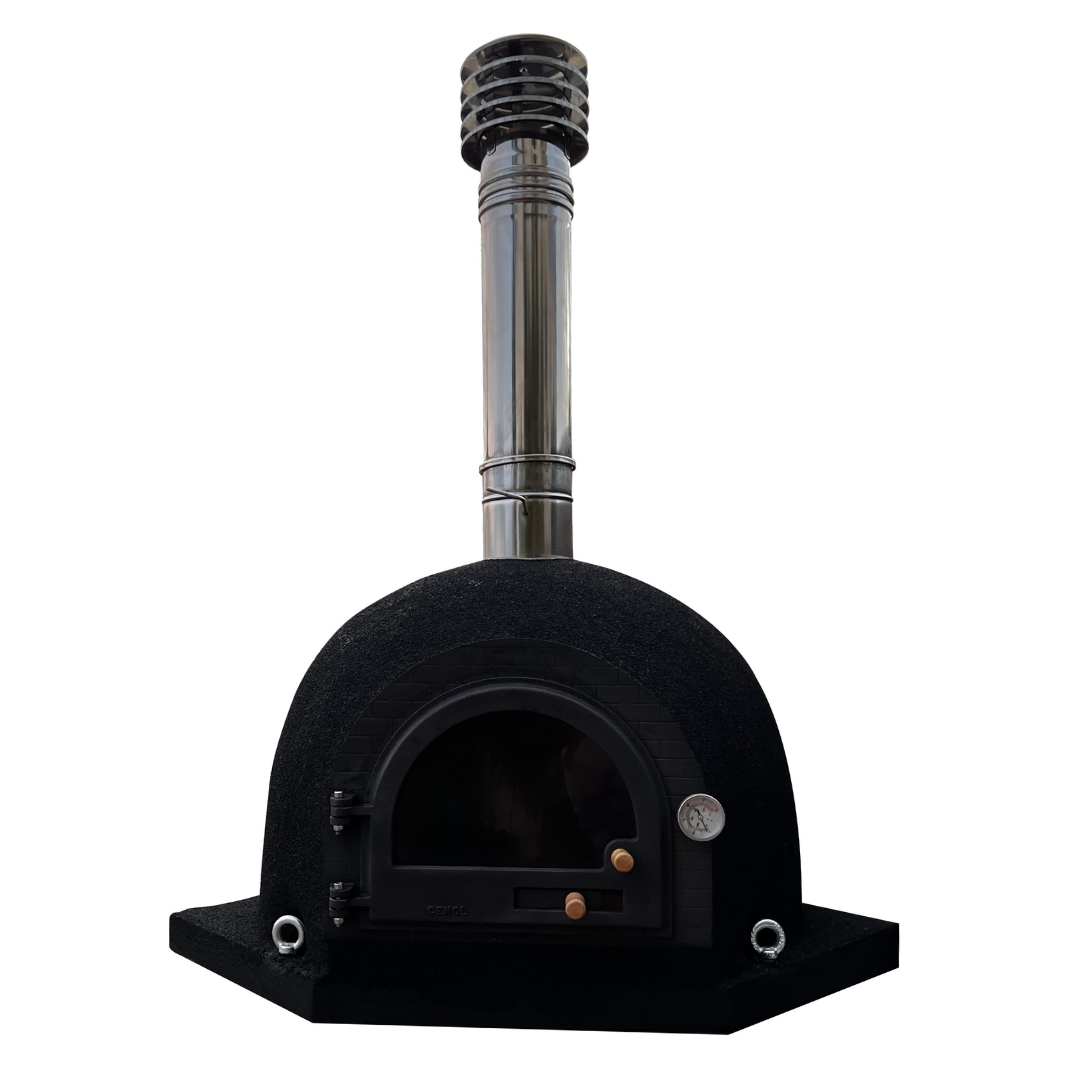 Forno a Lenha de Canto 85×85 cm com Isolamento Preto e Chaminé em Inox
